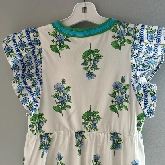 entro White Midi Dress with Blue Floral Print and Green Trim - Picture 10 of 16